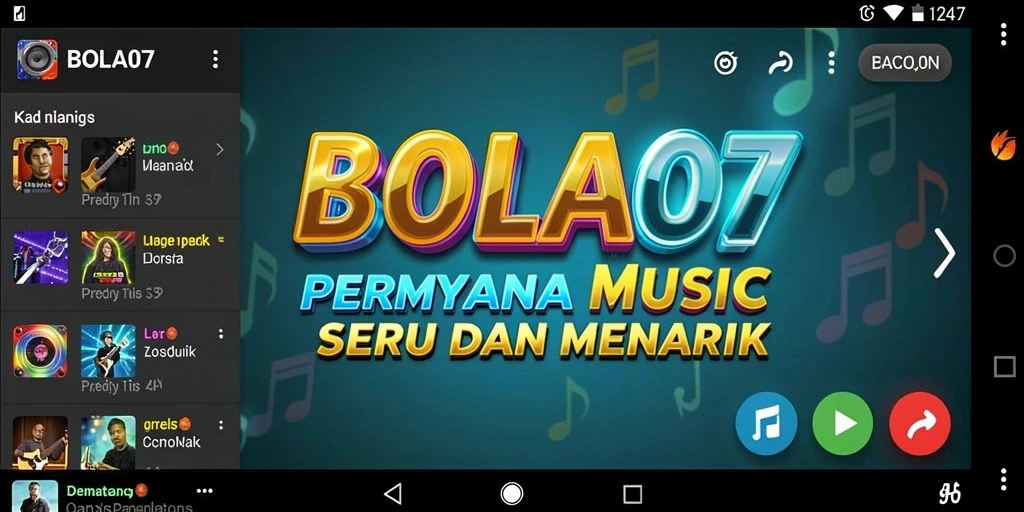 Tampilan gameplay seru di BOLA07 menampilkan pemain mengikuti irama musik.