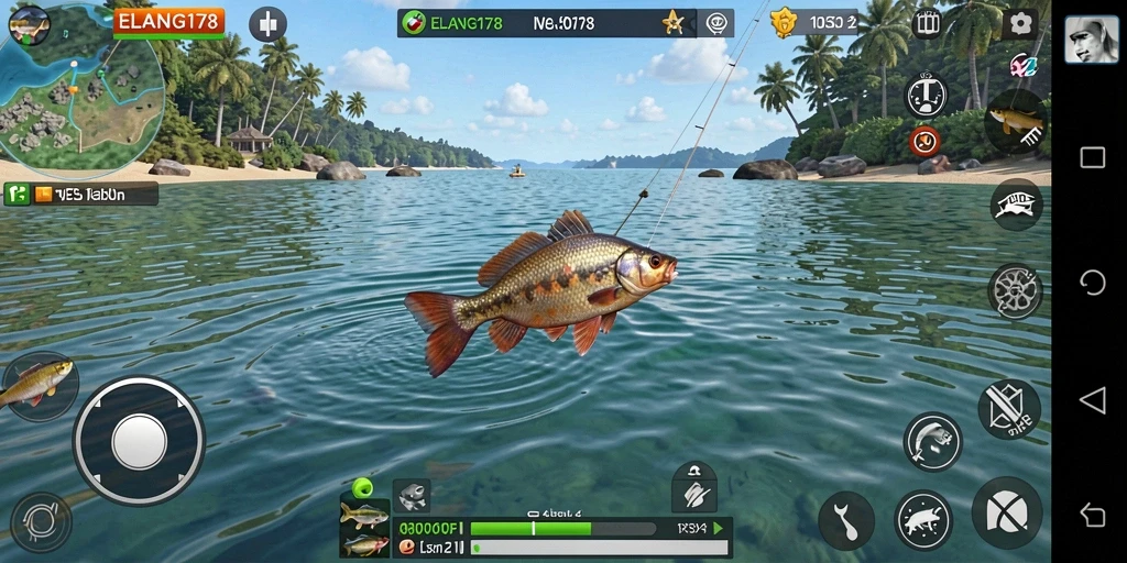 Screenshot gameplay ELANG178 dengan momen menangkap ikan besar.