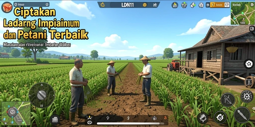 Tampilan gameplay <strong>LDN11</strong> yang menampilkan ladang yang subur dan beragam tanaman.