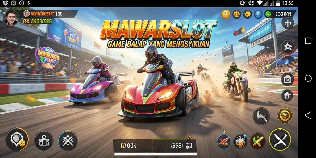 Screenshot gameplay MAWARSLOT menampilkan aksi balapan yang mendebarkan.