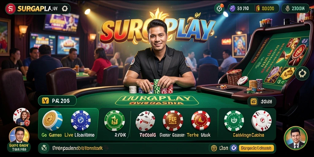 Screenshot gameplay SURGAPLAY menampilkan dealer profesional dan suasana kasino yang nyata.